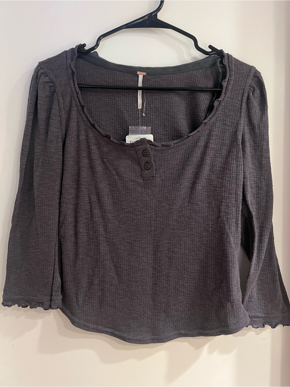 Free People Charcoal Scoop Neck Waffle Henley Top